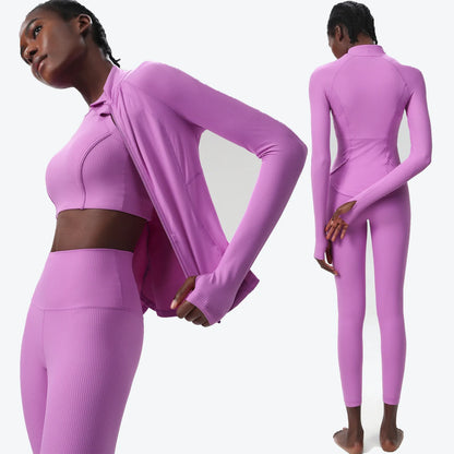 3PCS Women’s Fitness Yoga Set – Solid Color Ribbed Long Sleeve Top & High Waist Leggings, Breathable Workout Sportswear