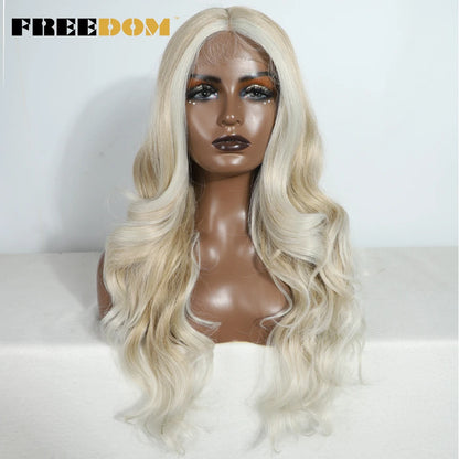 FREEDOM 26-Inch Synthetic Lace Front Wig for Women — Honey Brown Body Wave with Ombre Blonde Highlights, Cosplay & Fashion Wig