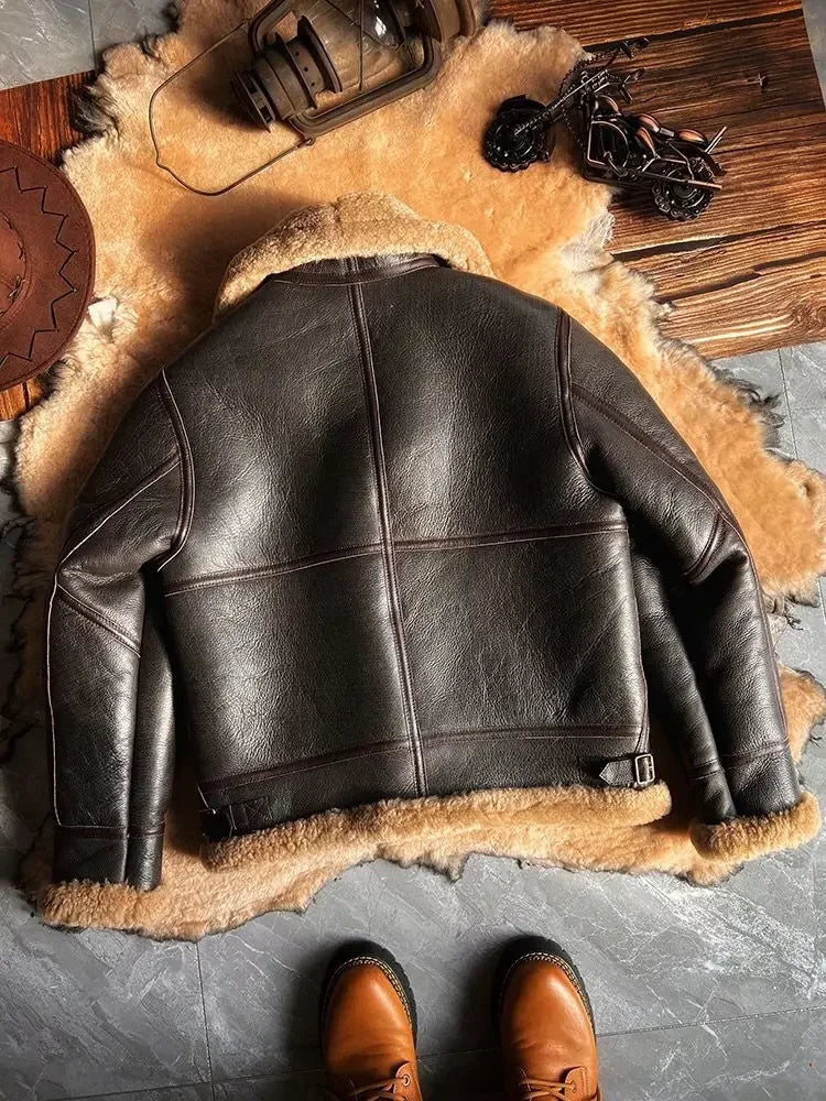 Men's Genuine Sheepskin Shearling Coat - Thick Wool Lined Winter Leather Jacket Brown Plus Size XXXXXXL