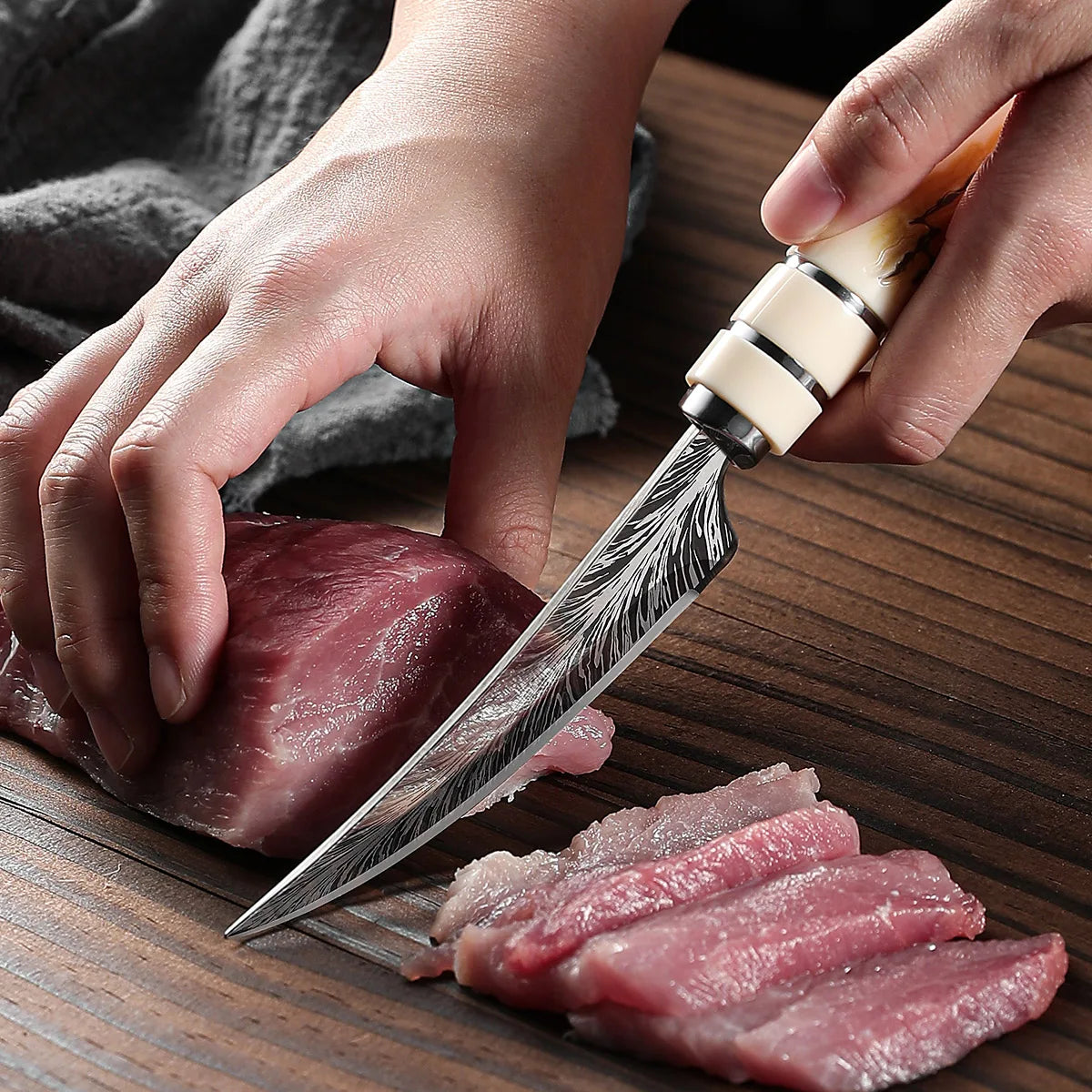 Damascus Style Boning Knife - Sharp Curved High Hardness Kitchen Fruit & Meat Cutting Knife