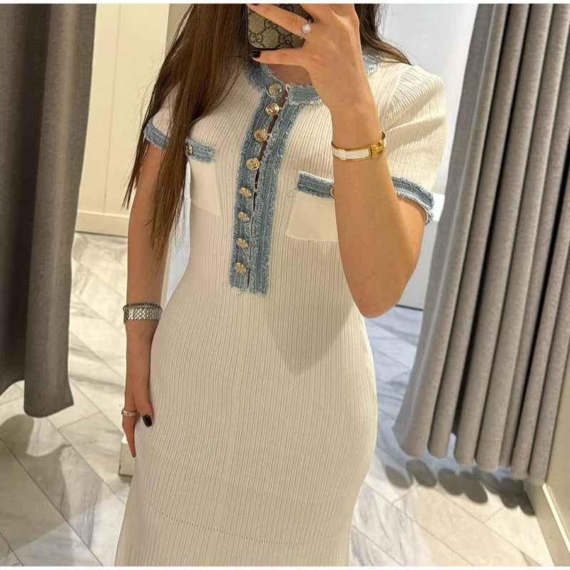 Elegant Denim Patchwork Knitted Long Dress – Women’s V-Neck Short Sleeve Bodycon with Buttons & Pockets
