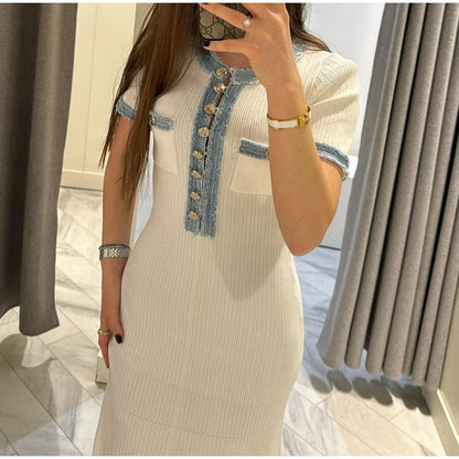Elegant Denim Patchwork Knitted Long Dress – Women’s V-Neck Short Sleeve Bodycon with Buttons & Pockets