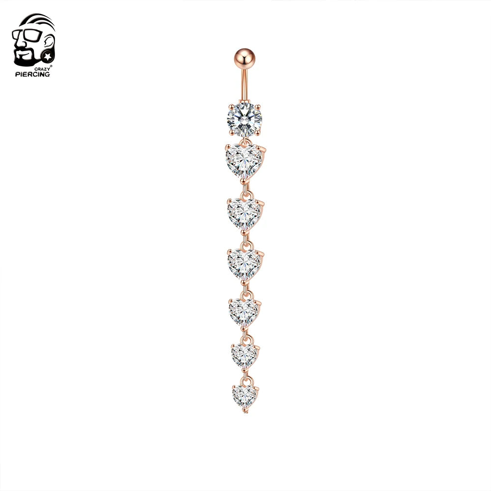 14G Surgical Steel Belly Button Ring – 7 Heart Crystal Long Dangle Navel Piercing Jewelry for Women