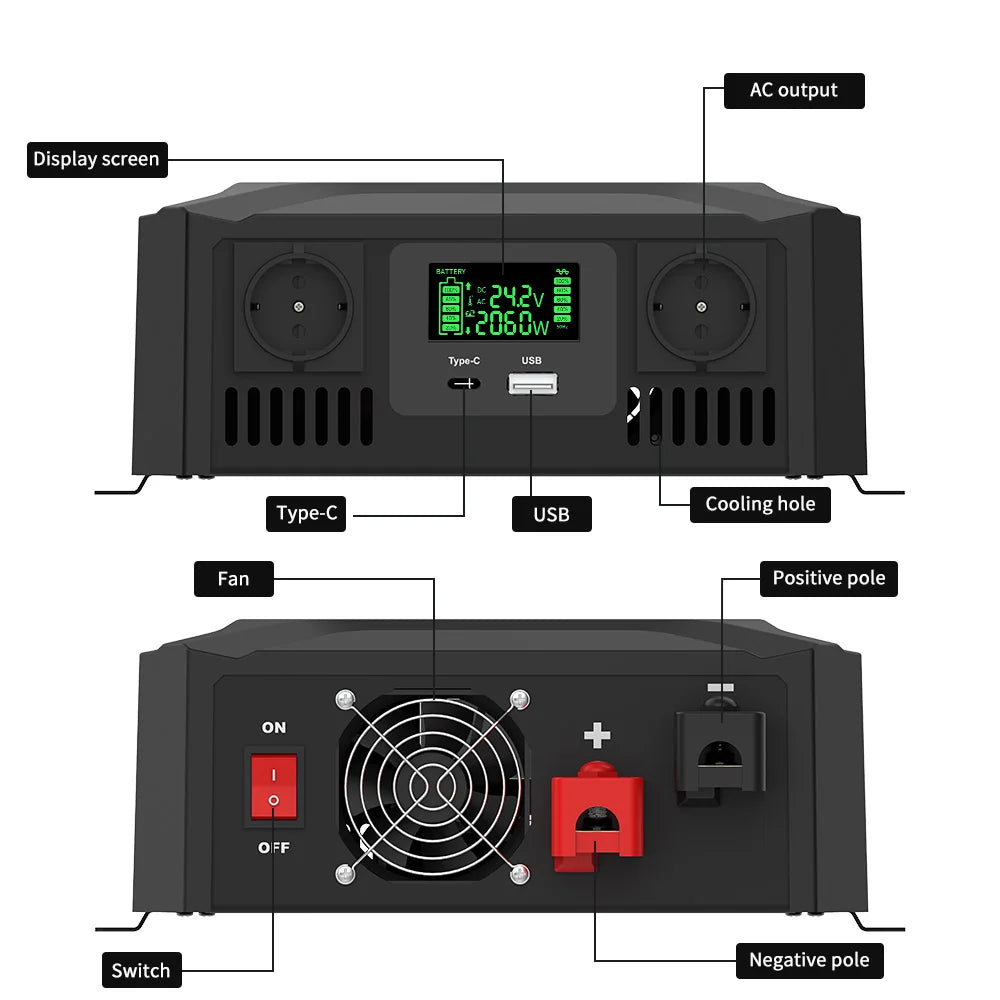DATOU BOSS Pure Sine Wave Inverter — 12V/24V to 220V, 1200W-2300W, Peak 4000W