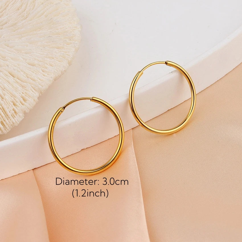 Gold-Plated Large Round Hoop Earrings — Smooth Stainless Steel Circles for Women, Multiple Sizes 12–60mm, Jewelry Gift