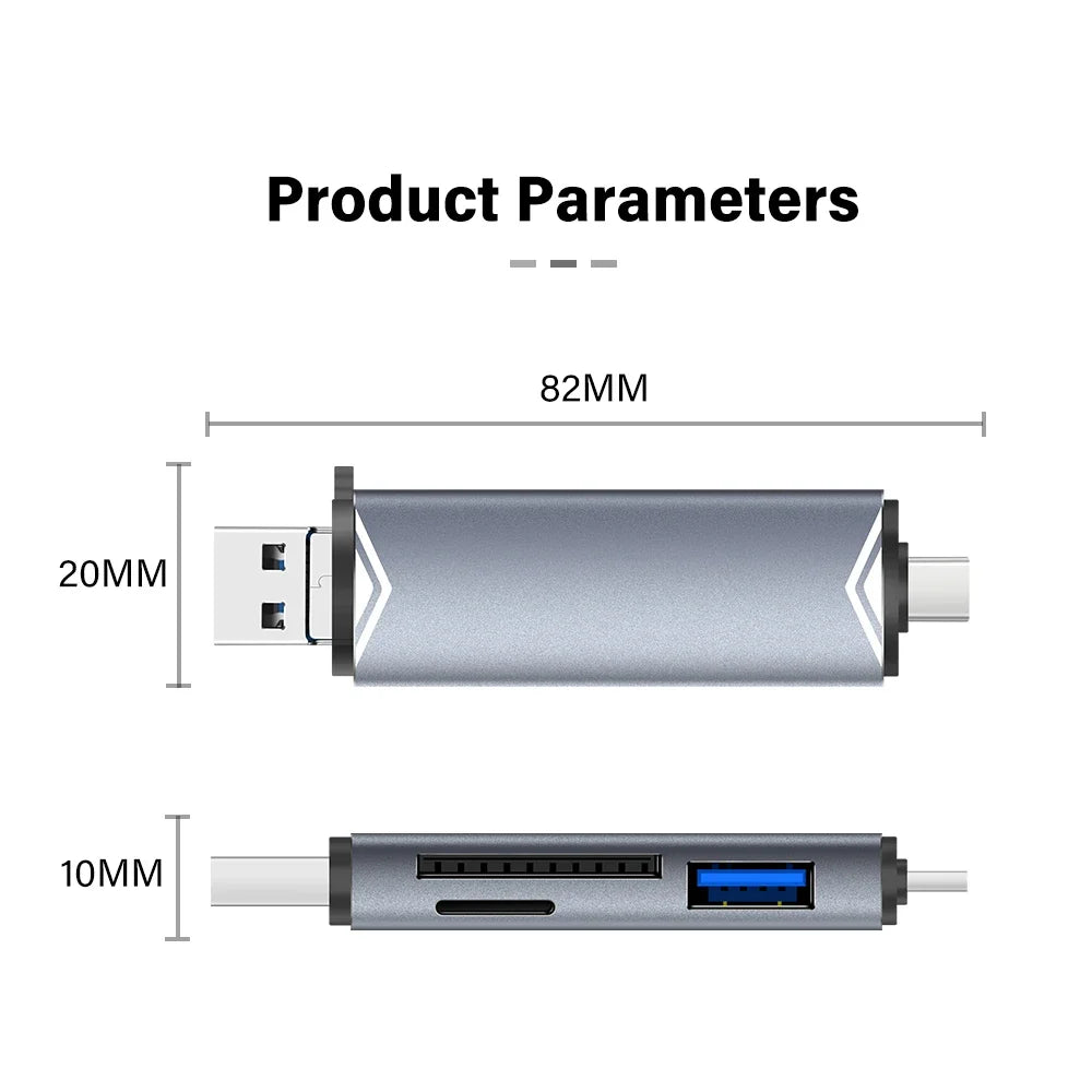 JASTER 6-in-1 USB 3.0 Card Reader – Type-C/USB TF/SD Adapter Flash Drive for Phone & Laptop