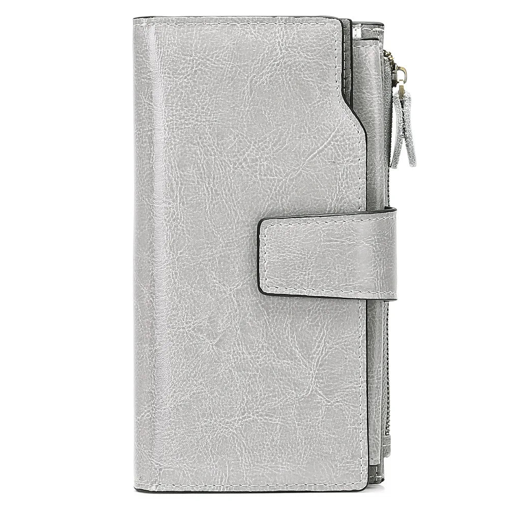 2024 New RFID Long Women’s Wallet — Genuine Leather Clutch with Zipper Coin Pocket, Card Holder & Printed Design