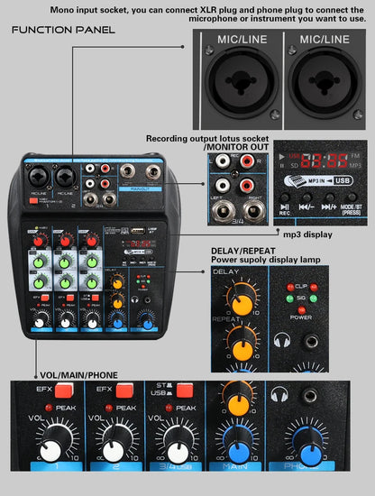 4 Channel DJ Mixer Console – Bluetooth, 48V Phantom Power, USB Audio Interface for Monitor & Karaoke System