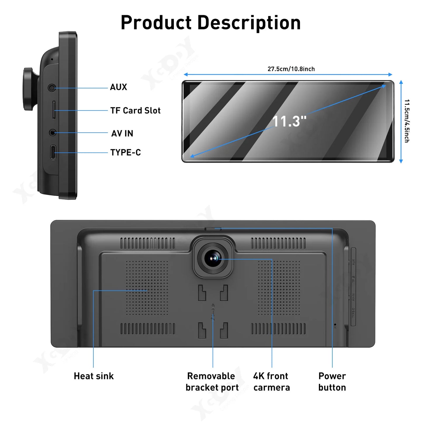 XGODY 11.3" 4K Dash Cam - Wireless CarPlay, Android Auto, GPS, WiFi Navigation, Rearview Camera for Car DVR Dashboard Video