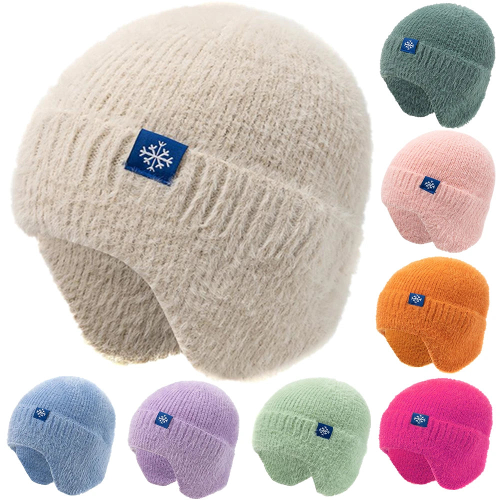 Women’s Earflap Winter Hat – Candy Color Faux Fur Knit Beanie, Kpop Style Streetwear Cap