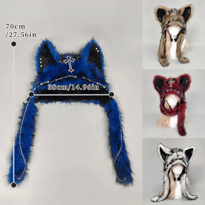 Dark Series Gothic Cat Ear Plush Hat — Y2K Cross Metal Style Cosplay Punk Rock Warm Cap for Men, Women & Kids