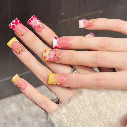 10-Piece 3D Flower Press-On Nails - Elegant French Duckbill Artificial Detachable False Nails