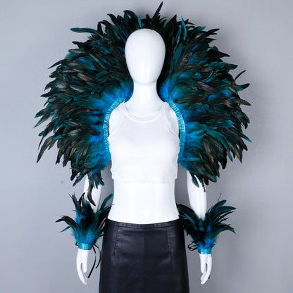 Women’s 2-Piece Feather Shawl Set - Elegant Punk-Style Cosplay Accessories for Halloween, Masquerade Balls, Parties, and Carnivals