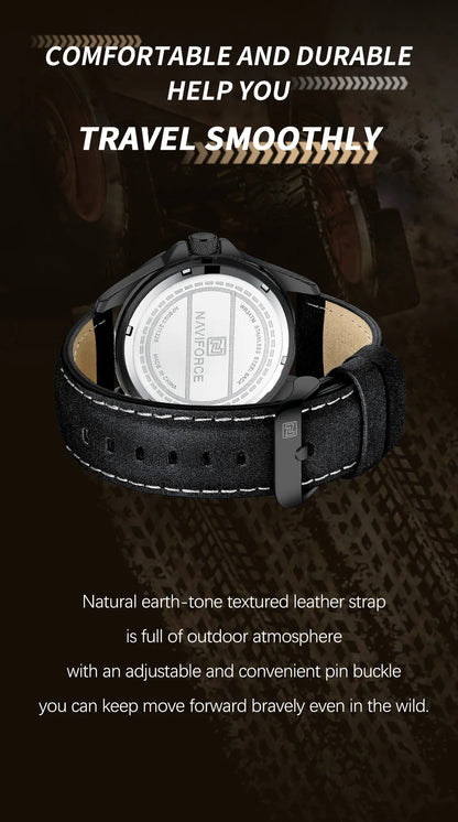 NAVIFORCE Men's Quartz Watch — Fashion Leather Strap Sport Waterproof Wristwatch with Calendar