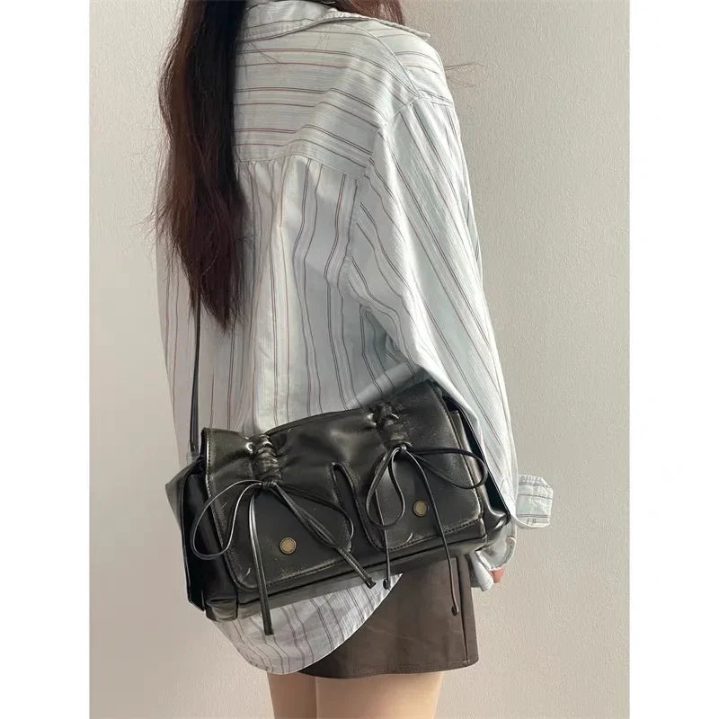 2024 Distressed PU Leather Rivet Bow Shoulder Bag – Pleated Underarm Luxury Handbag for Women