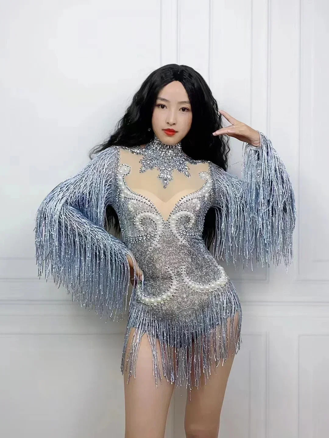 Purple Rhinestone Mesh Tassel Jumpsuit - Sheer Nightclub & Stage Performance Outfit