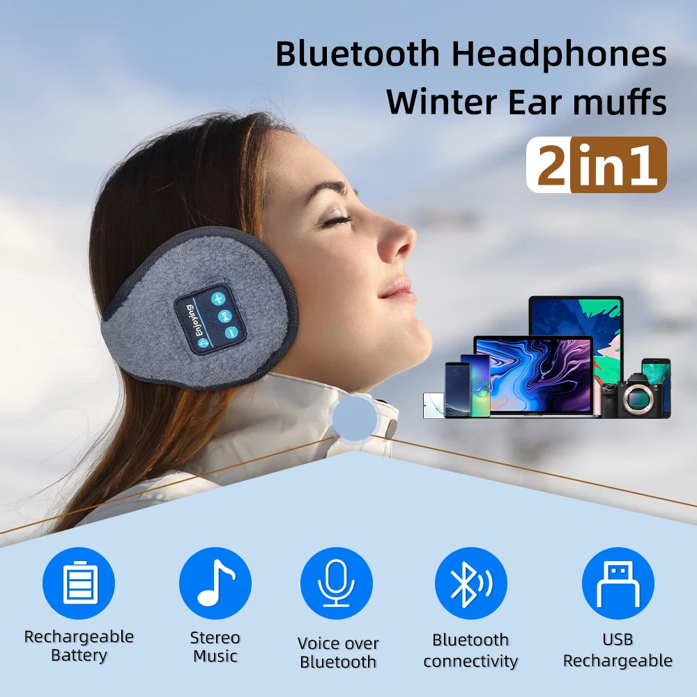 Winter Bluetooth Ear Warmer Music Headband - Wireless Headphones Muffs, Earphone Warmer Earmuffs for Men and Women in Thick Casual Cap Style