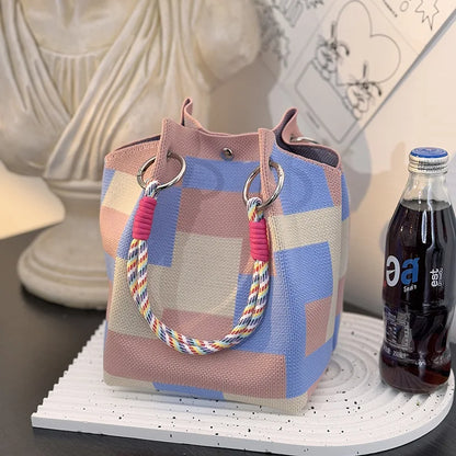 Women’s Metal Ring Bucket Handbag – Fashionable Color Block Knit Tote Bag, Spacious for Daily Commute, Leisure & Travel