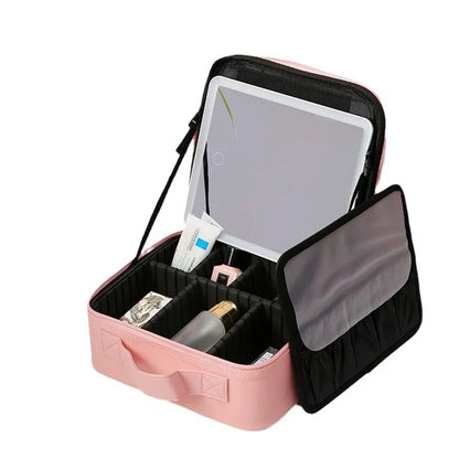 LED Lighted Cosmetic Case with Mirror - PU Leather Portable Travel Makeup Bag - Waterproof Makeup Storage