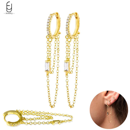 925 Sterling Silver Gold Tassel Earrings - Vintage Crystal Long Chain Hoop Jewelry for Women