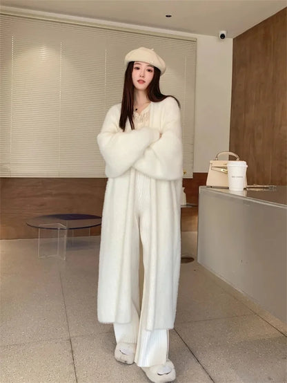 023 Autumn/Winter Lazy Style Loose Knee-Length Knitted Sweater Cardigan Coat – Thickened Pure Imitation Mink Fleece for Women