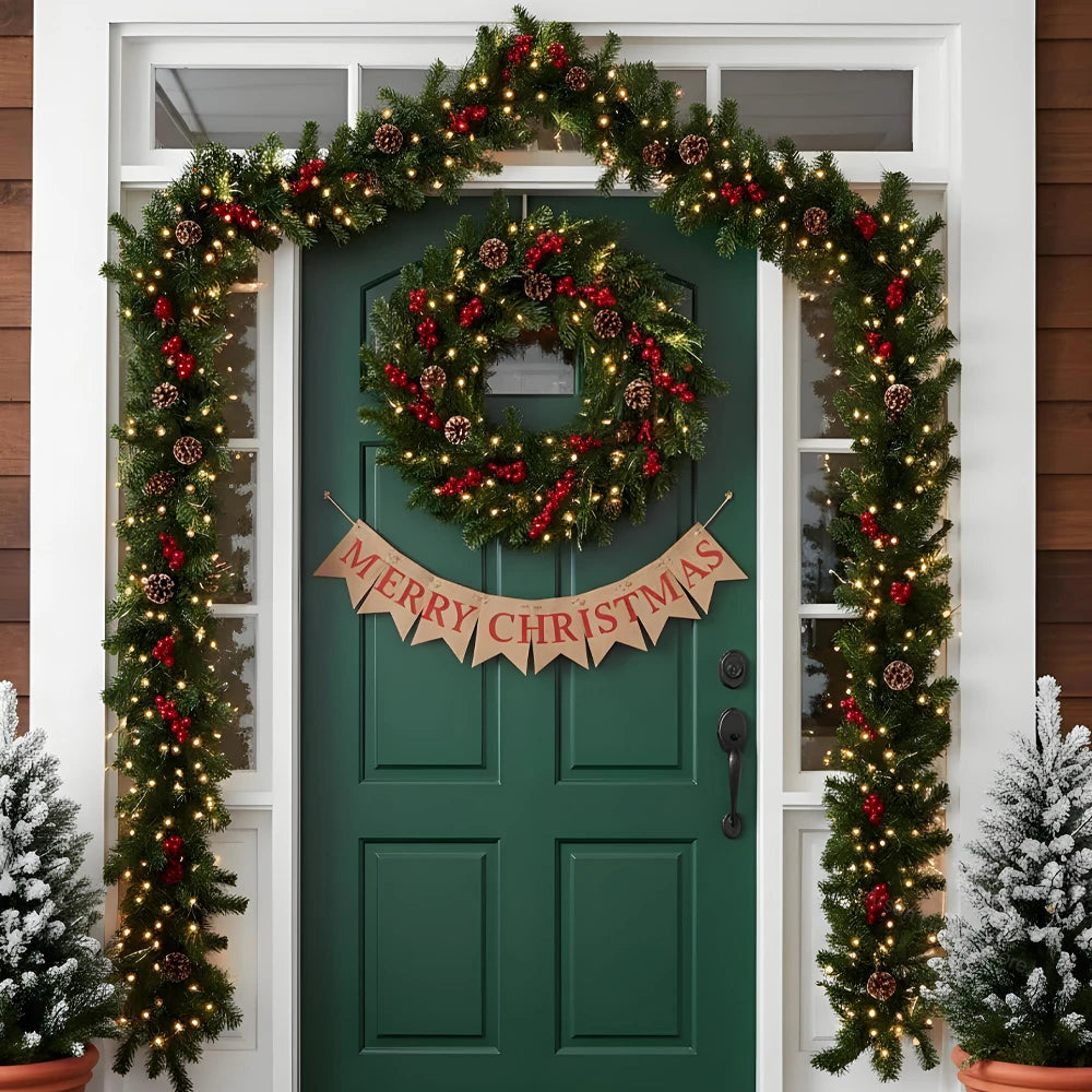 Christmas Garland Wreath with Pinecones & Red Berries – Artificial LED Rattan Decor for Tree, Stairs & Door