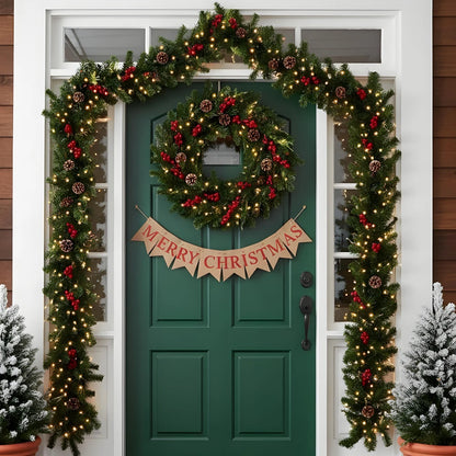 Christmas Garland Wreath with Pinecones & Red Berries – Artificial LED Rattan Decor for Tree, Stairs & Door