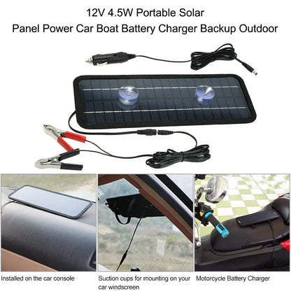 12V Solar Trickle Charger — Portable Waterproof Solar Battery Maintainer for Car