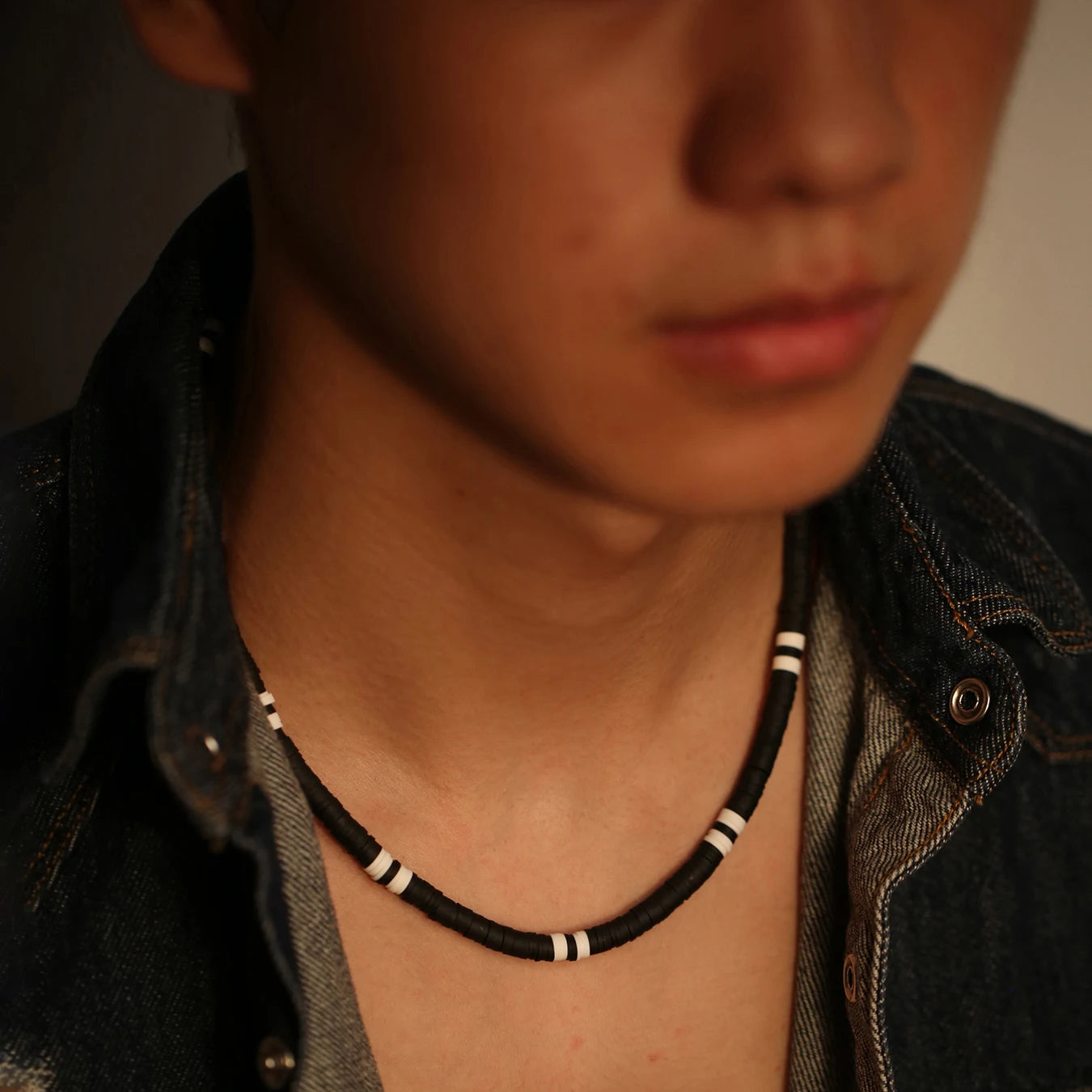 Bohemian White & Black Polymer Beads Necklace – Unisex Collar for Men and Women
