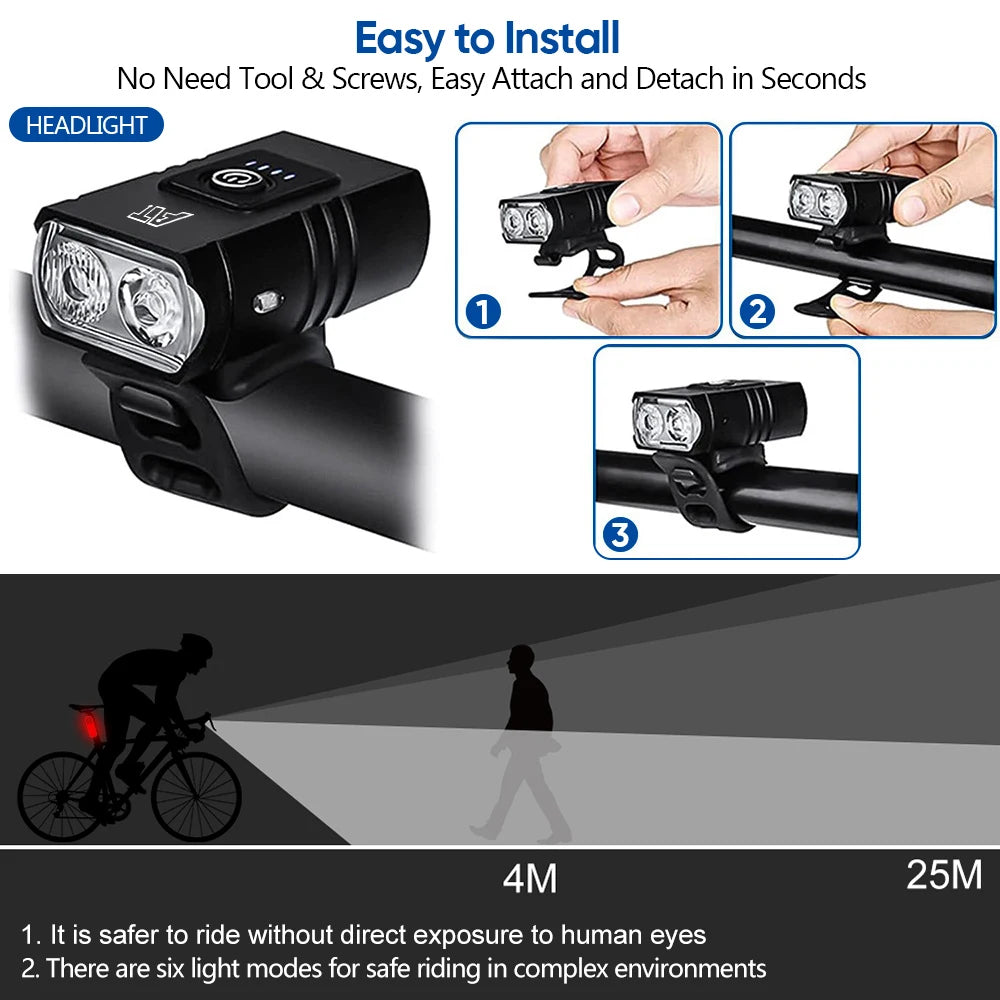 LED Bicycle Front Light - Type-C Rechargeable MTB Road Bike Headlamp, Easy-Install Cycling Accessory