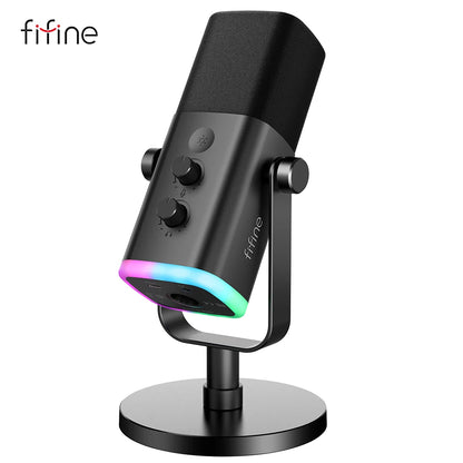 FIFINE AmpliGame AM8 USB/XLR Dynamic Microphone – RGB Control, Headphone Jack, Mute Button for PC Gaming, Recording, and Streaming