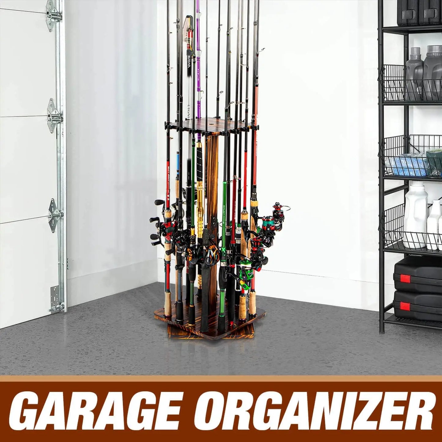 360° Rotating Fishing Rod Holder Rack - 16 Rod Floor Stand Organizer for Garage & Fishing Gear Storage