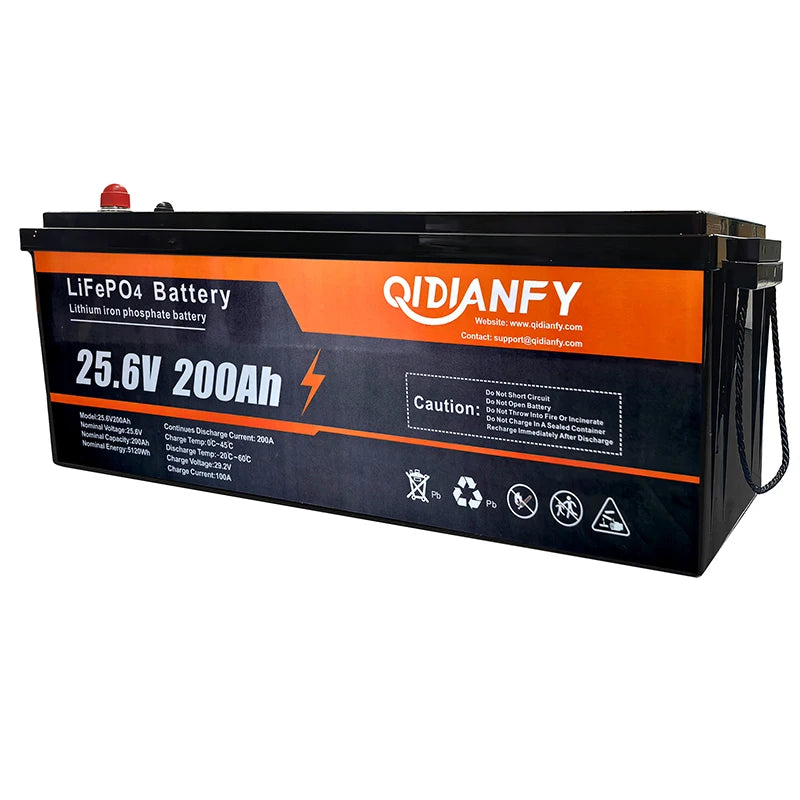 Qidianfy 25.6V 100Ah/200Ah LiFePO4 Battery - 100A Built-In BMS Deep Cycle Power for RV, Solar, Marine & Off-Grid Backup