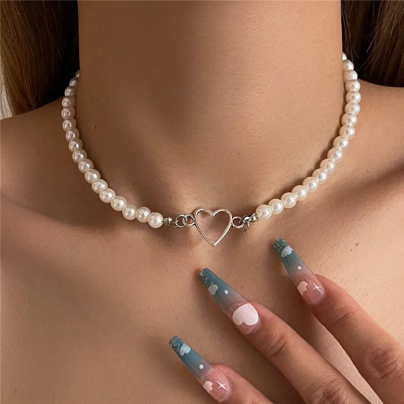 Imitation Pearl Heart Choker Necklace for Women – Trendy Party Clavicle Jewelry Gift