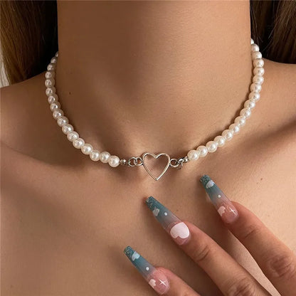 Imitation Pearl Heart Choker Necklace for Women – Trendy Party Clavicle Jewelry Gift