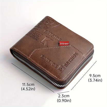 Men’s PU Leather Wallet – Wax Oil Skin Short Purse with Zipper, Coin Pocket & Card Holder