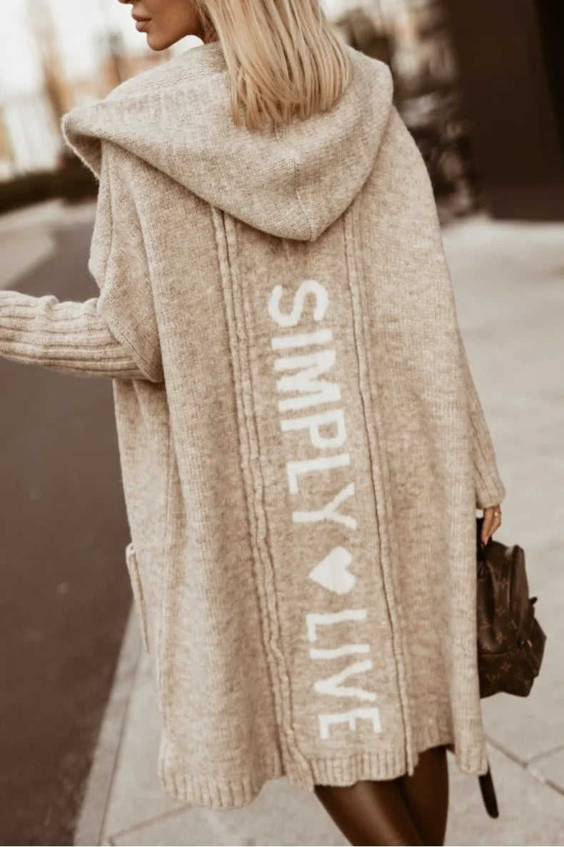 2023 Autumn/Winter Sweater Cardigan – Lapel Hooded Long Knit Coat with Letter Design, Loose Fit for Women