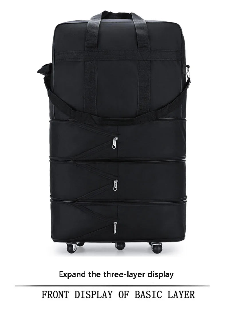 Foldable Trolley Travel Bag with Wheels – Expandable Black Luggage for Men & Women, Ideal for Weekend Trips & Overnight Travel