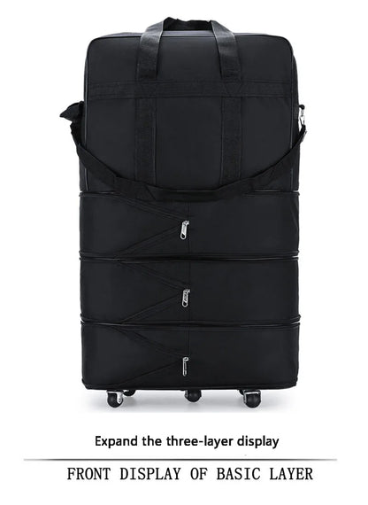 Foldable Trolley Travel Bag with Wheels – Expandable Black Luggage for Men & Women, Ideal for Weekend Trips & Overnight Travel