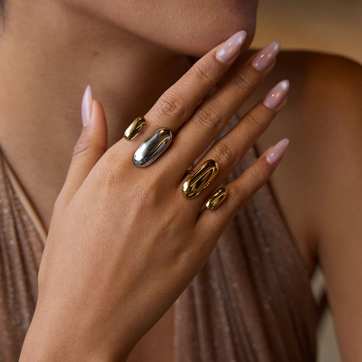 Uworld Two-Tone Geometric Double Layer Ring – Stainless Steel Waterproof Adjustable Finger Jewelry