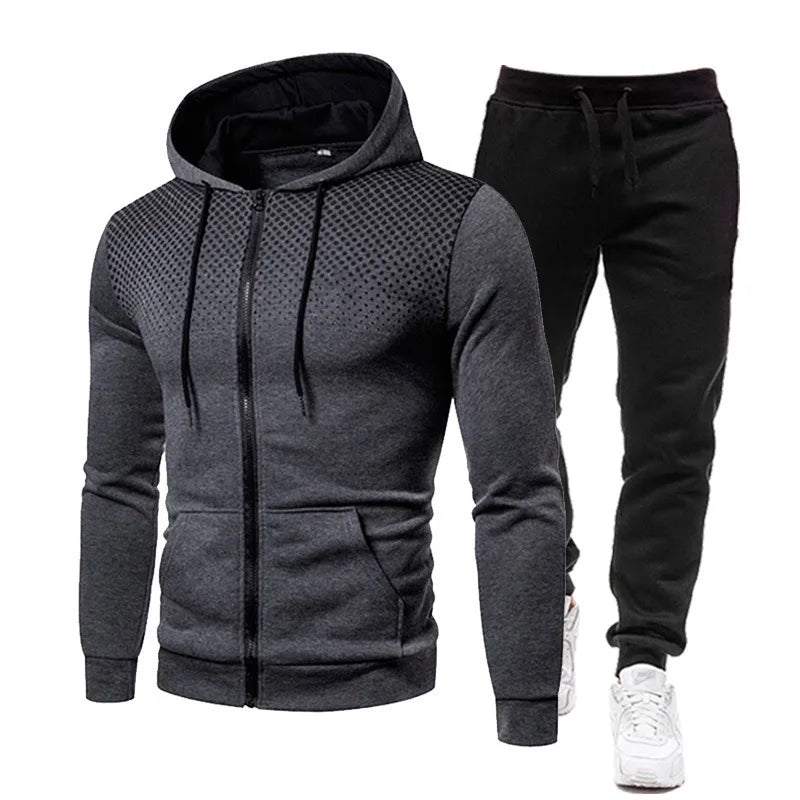 Men's Fleece Tracksuit Set – Solid Color Zip-Up Hoodie & Joggers | 2023 Fall/Winter Casual Sportswear