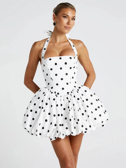 Mozision Women’s Polka Dot Halter Mini Dress – Off-Shoulder Sleeveless Backless High Waist A-Line Club & Party Dress