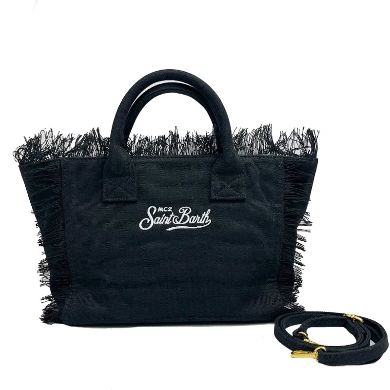 SAINT BARTH Houndstooth Crossbody Bag – Small Cotton Linen Handmade Tote with Tassels for Women