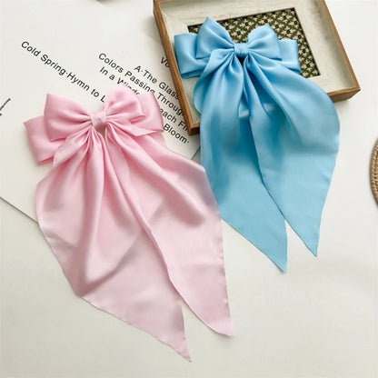 Ladies Satin Oversized Ribbon Bow Hair Clip – White, Pink, Red, Blue, Black, Long Tail Spring Clip for Ponytail Hair Accessories