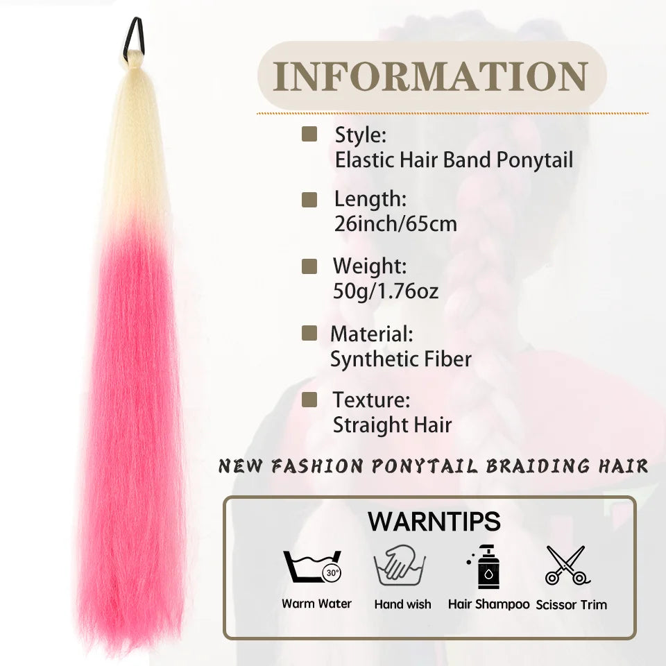 26" Synthetic Ponytail Extension - Long Straight Ombre Pink Purple Blue Hair with Elastic Tie