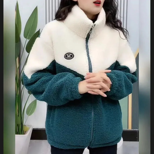 Women’s Colored Thickened Lamb Fleece Jacket — Long Sleeve Mid-Length Quilted Overcoat for Autumn & Winter