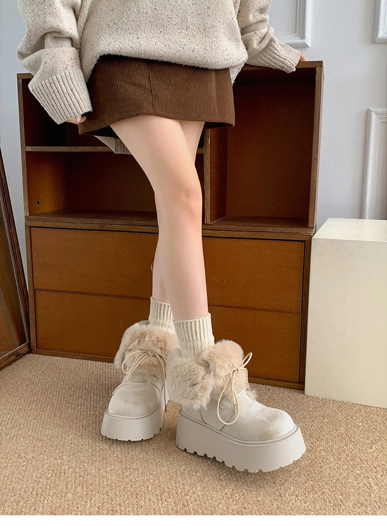 Women’s Winter Chunky Sole Fur Snow Boots – Cozy Height-Boosting Cotton Short Booties