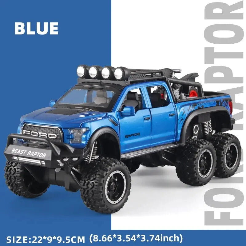 1:24 Diecast F150 Raptor Pickup Truck — Metal Model Car with Sound & Light for Kids Age 3+, Blue