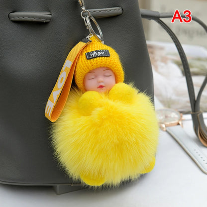 Cute Pompom Sleeping Baby Keychain - Fluffy Plush Doll Bag Charm, Key Ring & Gift for Women and Girls