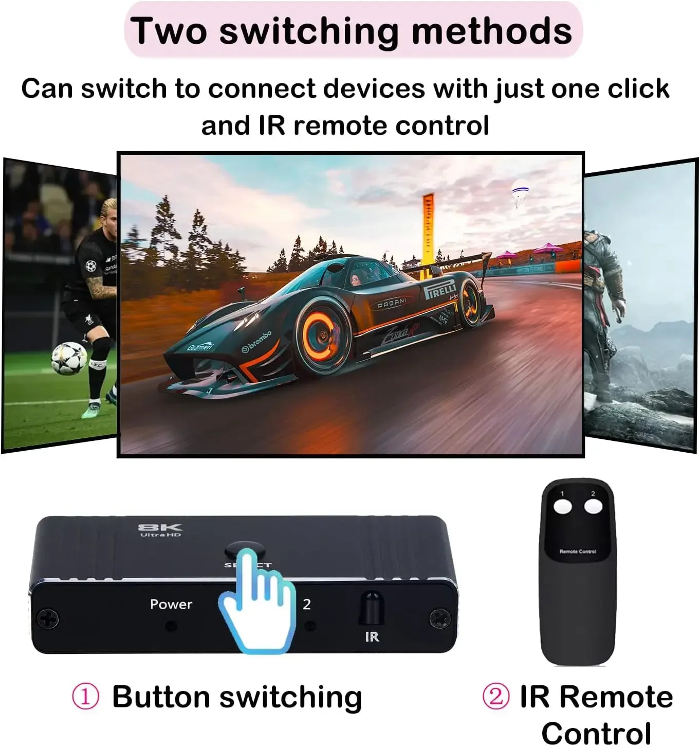 8K 60Hz HDMI Bi-Directional Switcher – 2 in 1 Out, 4K 120Hz HDMI Splitter with IR Remote for PC, TV, PS4, Xbox, PS5